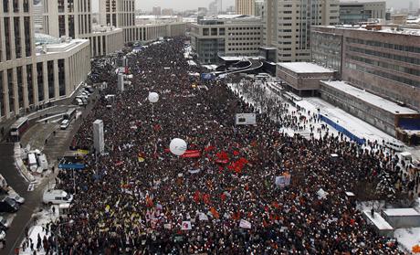 A general view of a demonstration against recent parliamentary election results in Moscow