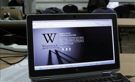 A reporter's laptop shows the Wikipedia blacked out over SOPA and PIPA