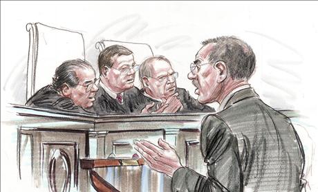 Courtroom illustration of U.S. Solicitor General Donald Verrilli speaking to justices of the U.S. Supreme Court in Washington