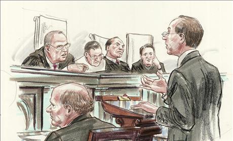 Courtroom illustration shows attorney Clement arguing before U.S. Supreme Court hearing on President Obama's 2010 healthcare law in Washington