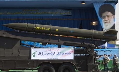 Zelzal surface-to-surface missile is driven past during a military parade to commemorate Iran-Iraq war, in Tehran, Iran
