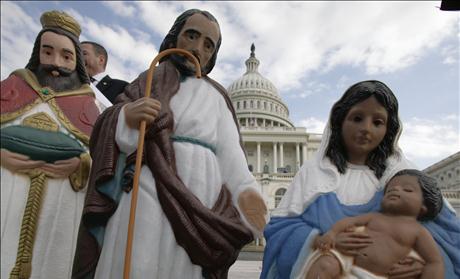 A nativity scene is displayed outside the U.S. Capitol building before a news conference to encourage people to apply for permits to display nativity scenes at public buildings across the nation during the Christmas season in Washington