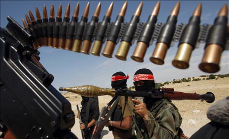 Palestinian militants of the Democratic Front for the Liberation of Palestine take part in a joint drill for the media in the Gaza Strip