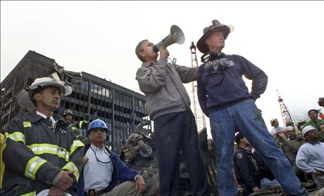 A September 14, 2001 file photo shows President Bush at the scene of the World Trade Center