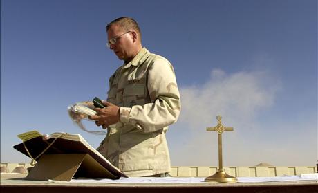 NAVY LT JAMES WEST PREPARES PROTESTANT SERVICE AT CAMP RHINO.