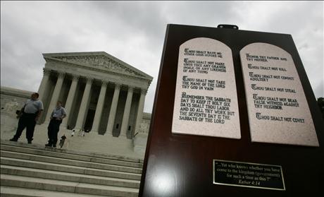 Stone tablets depicting the Ten Commandments are shown outside the Supreme Court in Washington