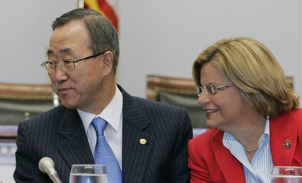 UN Secretary General Ban meets with House Foreign Affairs Committee Chairman Rep. Lantos and Rep. Ros-Lehtinen on Capitol Hill in Washington
