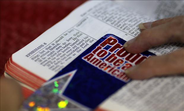 Priscilla Gammon reads her Bible during a weekly Bible study meeting at the West Unity Methodist Church in Unity, New Hampshire