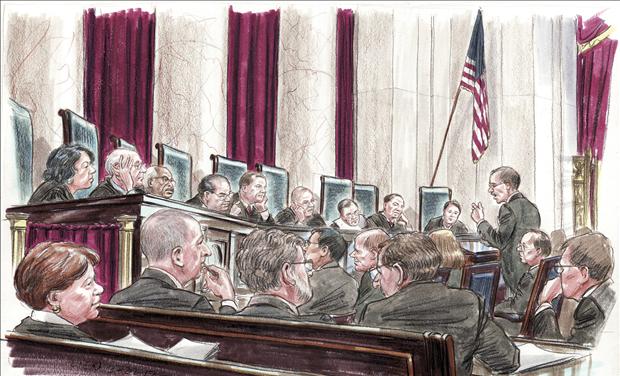 Courtroom illustration of U.S. Solicitor General Donald Verrilli at the lectern to members of the U.S. Supreme Court in Washington