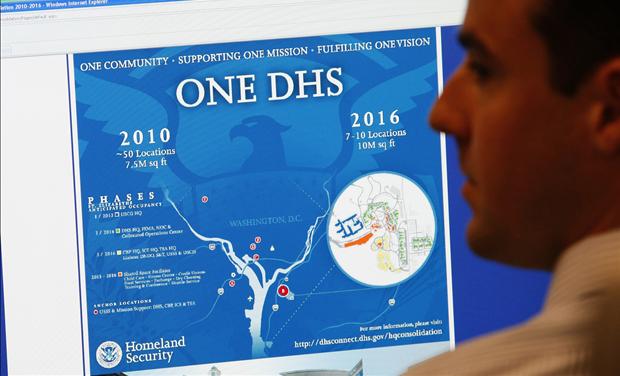 U.S. Department of Homeland Security analyst is pictured at the National Cybersecurity & Communications Integration Center in Arlington Virginia