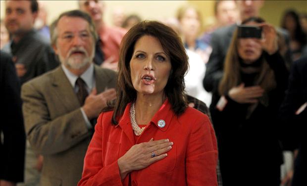 U.S. Congresswoman Bachmann, a potential Republican candidate for President, recites the U.S. Pledge of Allegiance at New Hampshire GOP Brunch in Nashua
