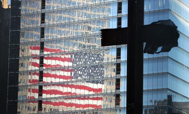 Girders in the shape of a cross preserved from the wreckage of the World Trade Center stand in New York.