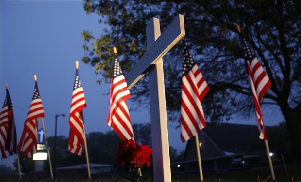 A memorial for the victims of the shootings at Fort Hood Army base stands outside of Central Christian Church in Killeen