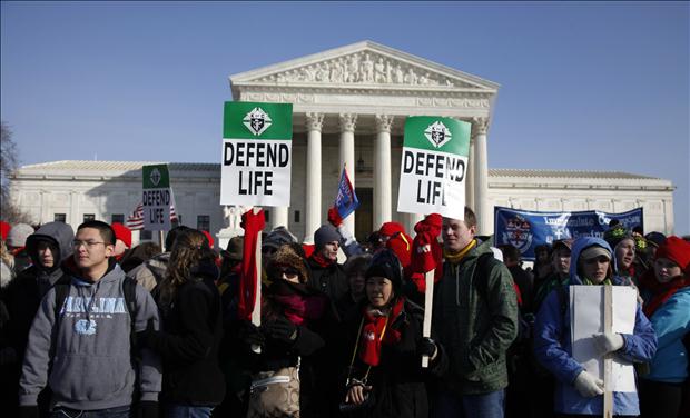 Pro-life protesters are pictured outside the U.S. Supreme Court during their annual March for Life in Washington